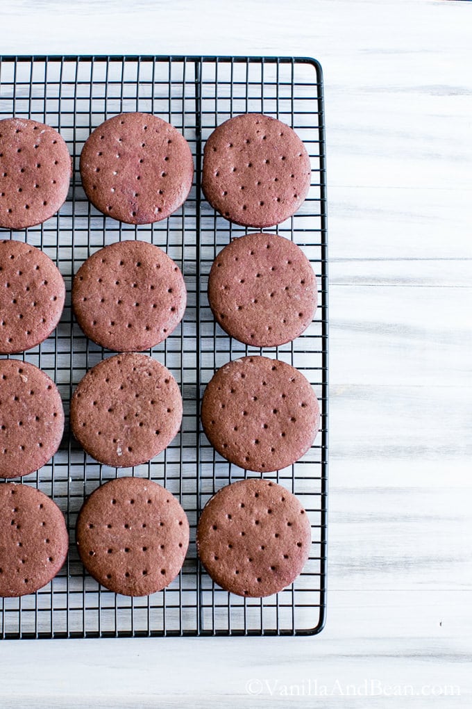 Chocolate Ice Cream Sandwich Cookies on a cooling rack.