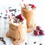 Mocha Shake in two glasses topped with cherries and chopped chocolate.