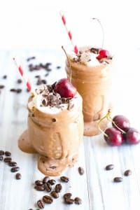 Mocha Shake in two glasses topped with cherries and chopped chocolate.