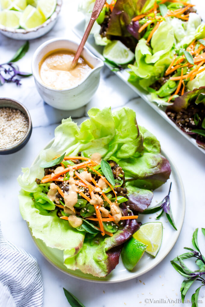 Vegan Lettuce Wraps on a plate with peanut sauce on the side.