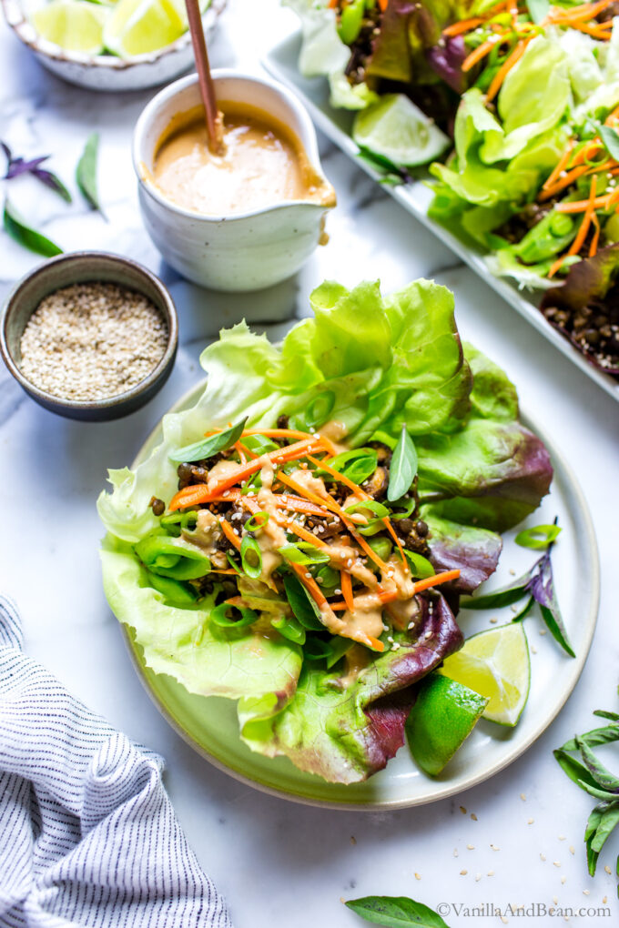 Vegan Lettuce Wraps on a plate with peanut sauce on the side.