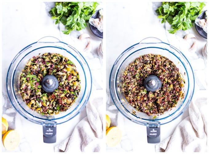 1. Olive tapenade relish in a food processor. 2. Olive tapenade spread in a food processor.
