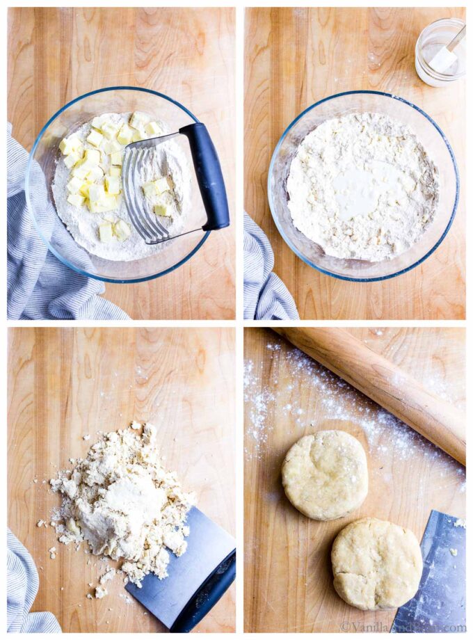 A sequence of photos showing how to make pie dough.