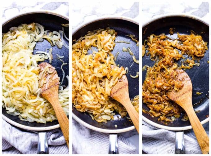 A sequence of photos showing the stages of onions caramelizing in a pan.
