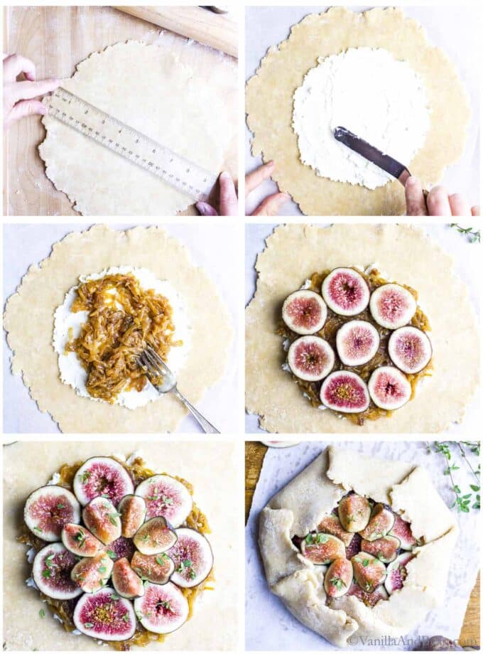A sequence of photos showing how to assemble a fig galette recipe.