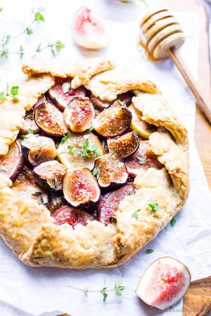 Upclose photo of a fig and goat cheese galette.