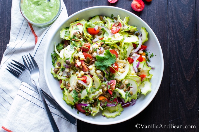 Zucchini Corn Tomato Salad with Avocado Lime Dressing | Vanilla And Bean