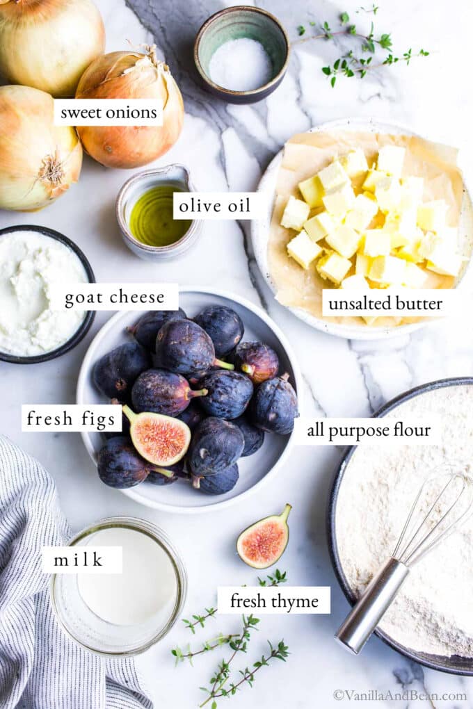 Ingredients for fig goat cheese appetizer or main galette.
