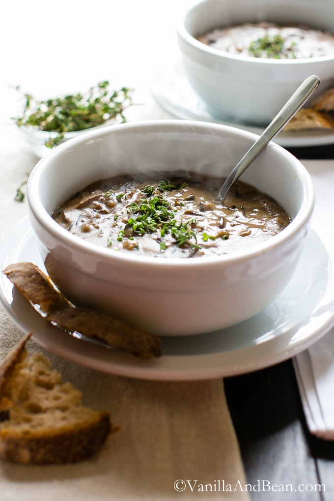 Creamy Mushroom and Wild Rice Soup in a bowl and ready to eat.