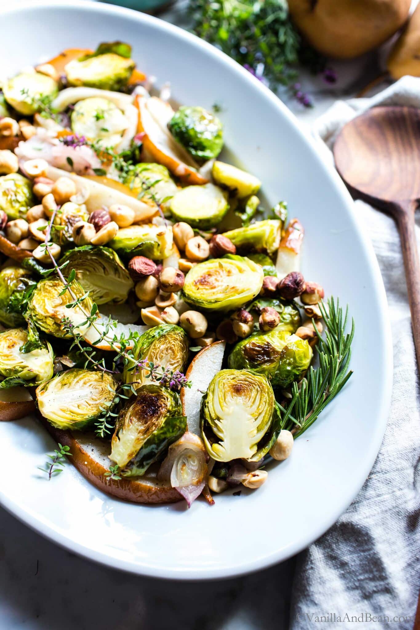 Roasted Brussels Sprouts and Pears with Thyme