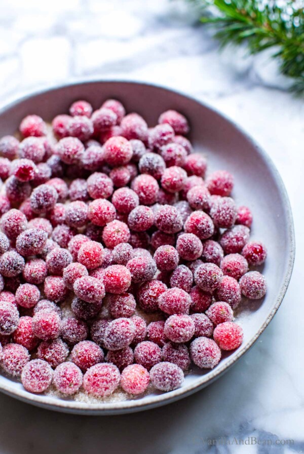 Big bowl of sugar coated cranberries.