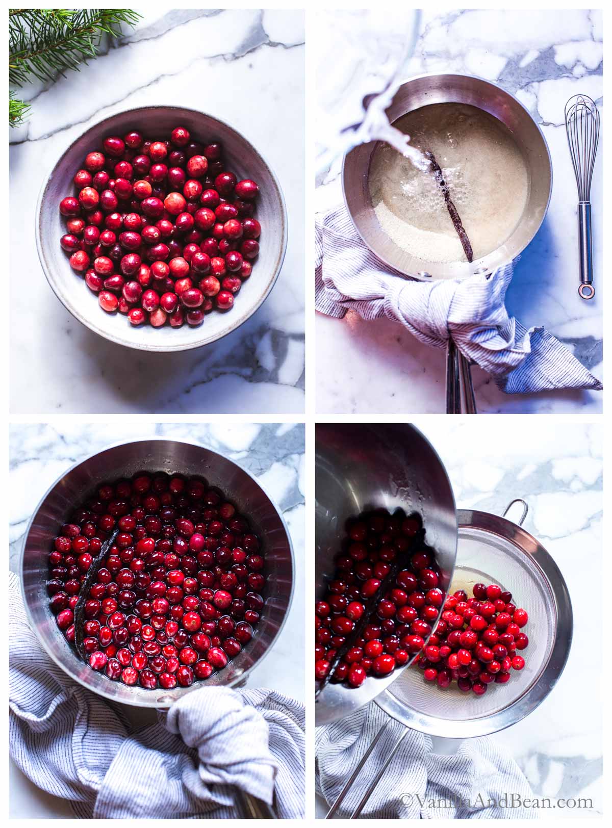 Four images of Candy Cranberries: 1. Fresh cranberries in a bowl. 2. Water and sugar in a sauce pan with a vanilla bean. 3. Cranberries soaking in simple syrup. 4. Draining cranberries into a strainer.