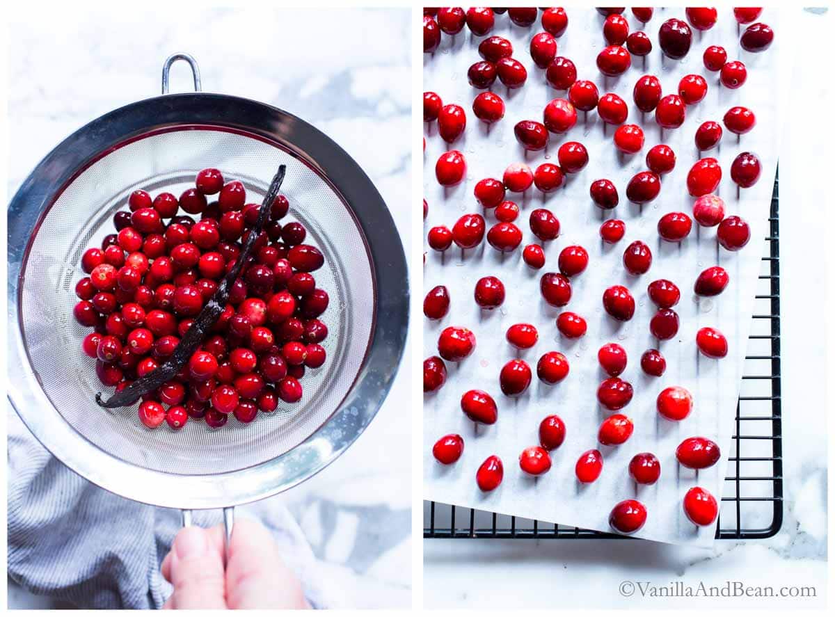 1. Straining candied cranberries in a strainer. 2. Drying candy cranberries on a parchment lined cooling rack.