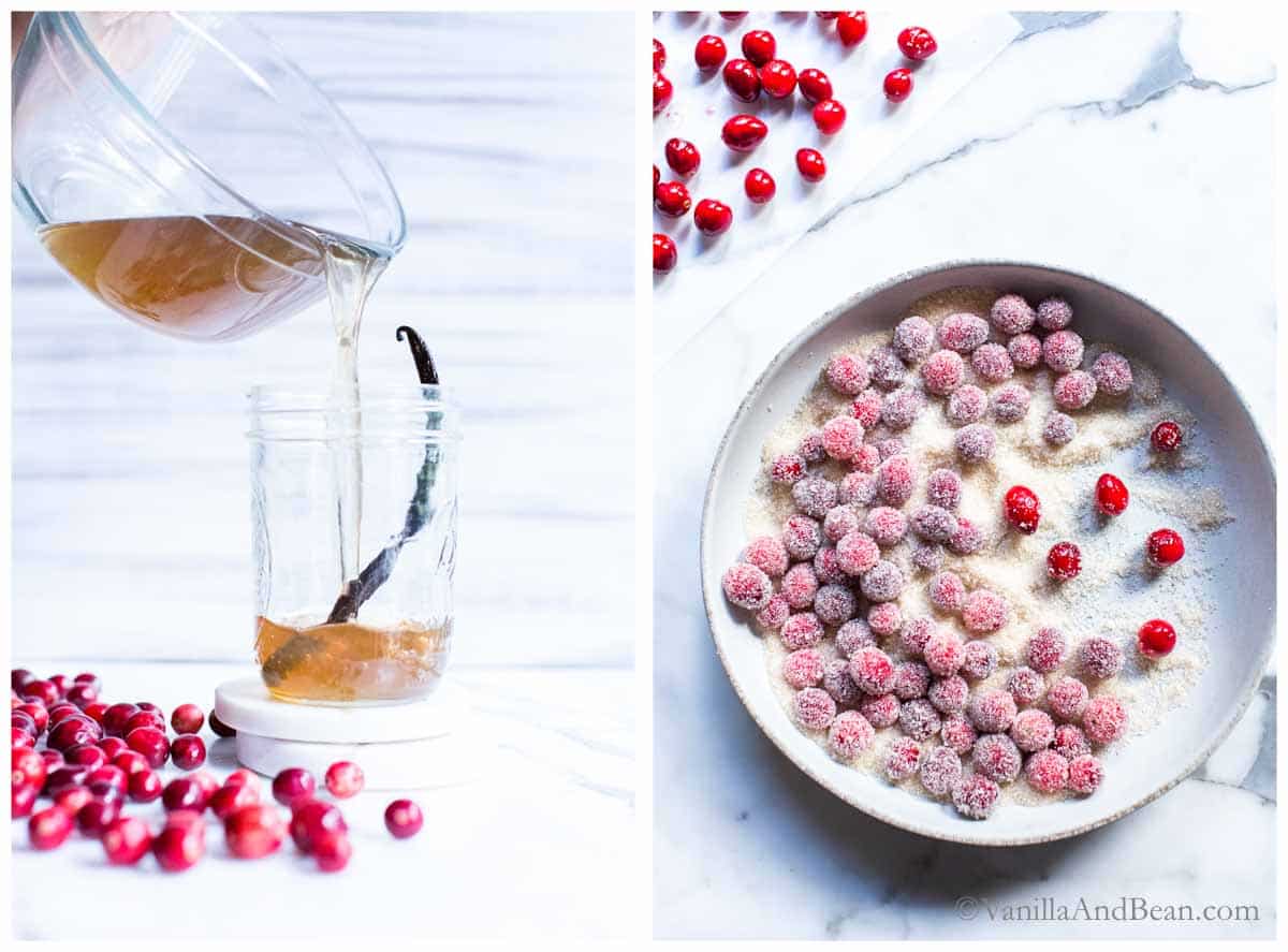 1. Cranberry Simple Syrup being poured into a jar. 2. Candy Cranberries in a bowl with sugar.