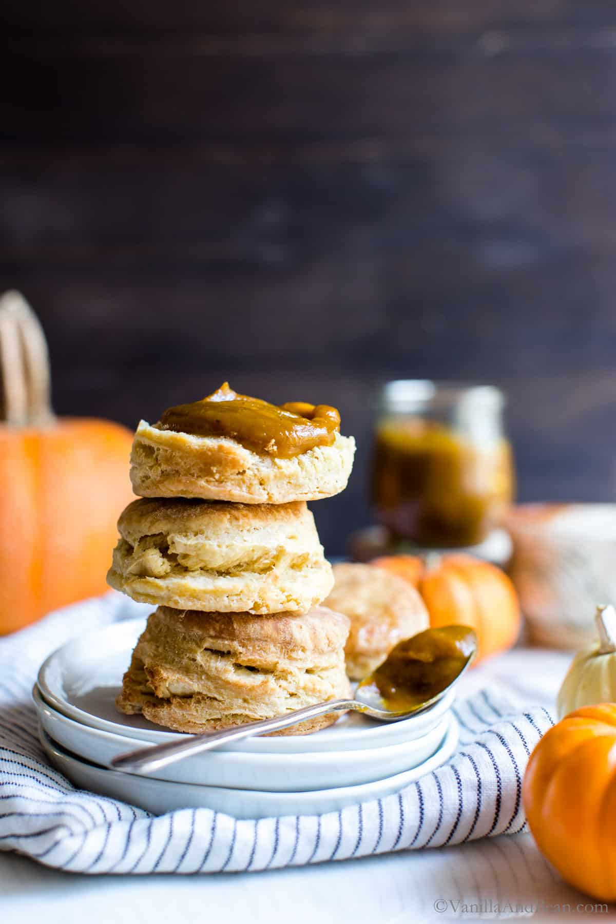 Pumpkin Butter slathered on three biscuits with cute little pumpkins around