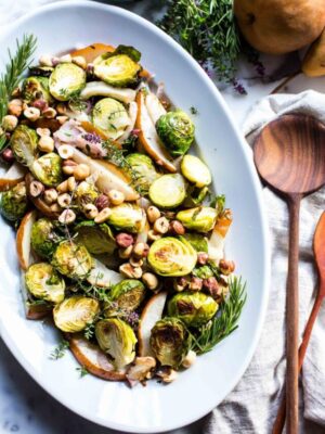 Roasted Brussels Sprouts Recipe on a platter ready for serving.