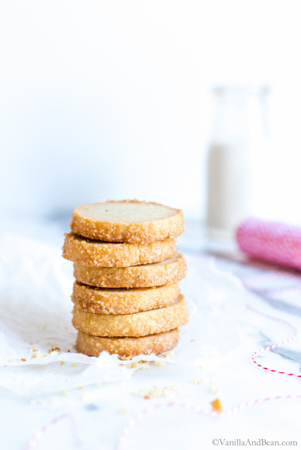 Vanilla Bean Shortbread Cookies stacked tall.