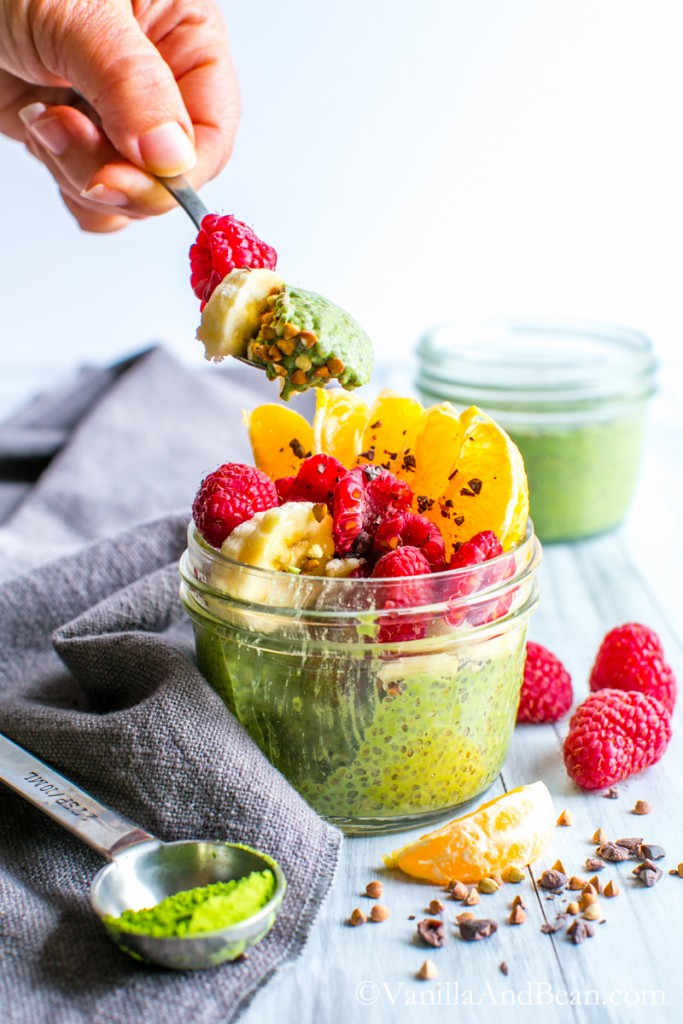Matcha Chia Pudding scooped up with a spoon. 
