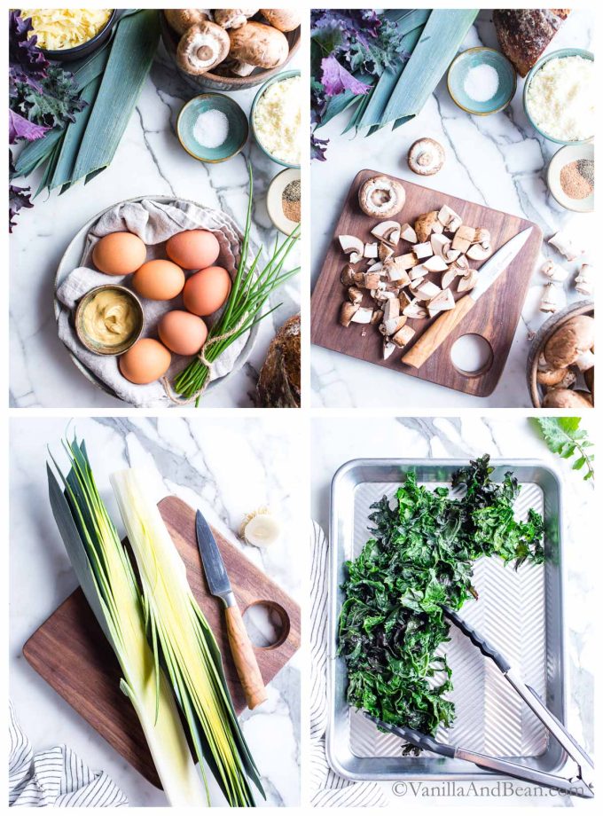 1. Ingredients to make savory bread pudding . 2. Sliced mushrooms on a cutting board. 3. Leeks sliced lengthwise on a cutting board. 4. Blanched kale on a small sheetpan.