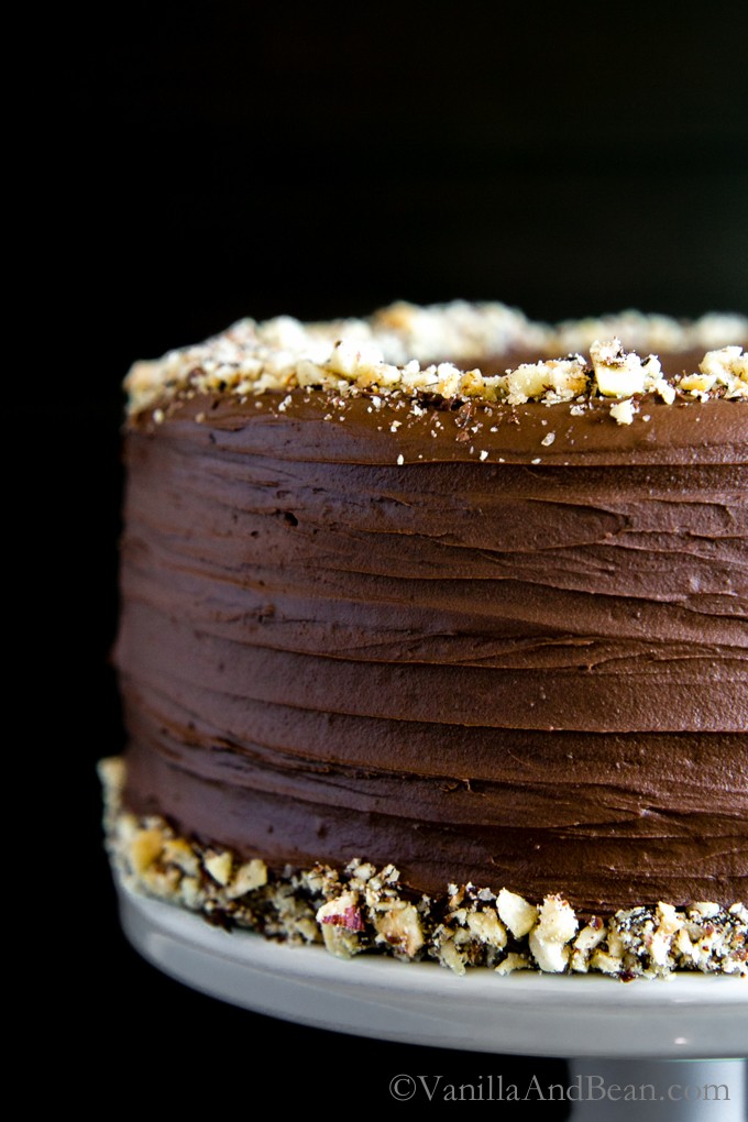 Close up of Vegan Chocolate Cake with Whipped Ganache.