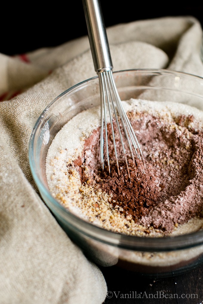 Sifted cocoa powder, hazelnuts and flour. 