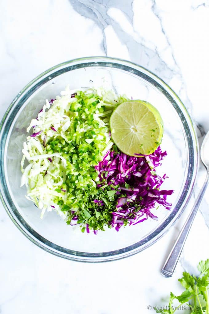 Chili lime slaw in a bowl.