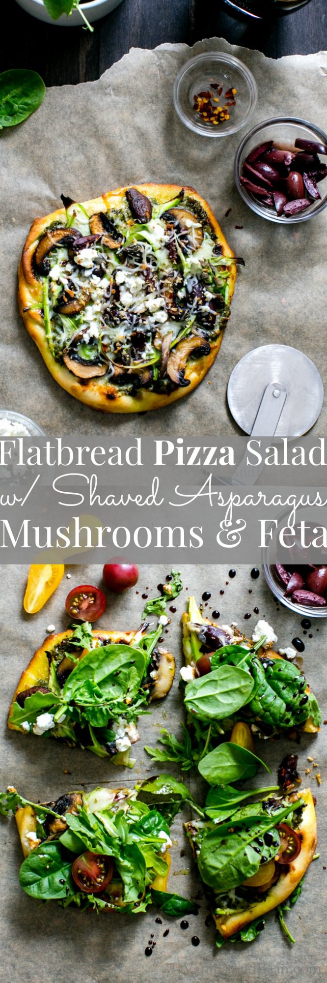 Flatbread Salad Pizza with Pesto, Shaved Asparagus, Mushrooms and Feta
