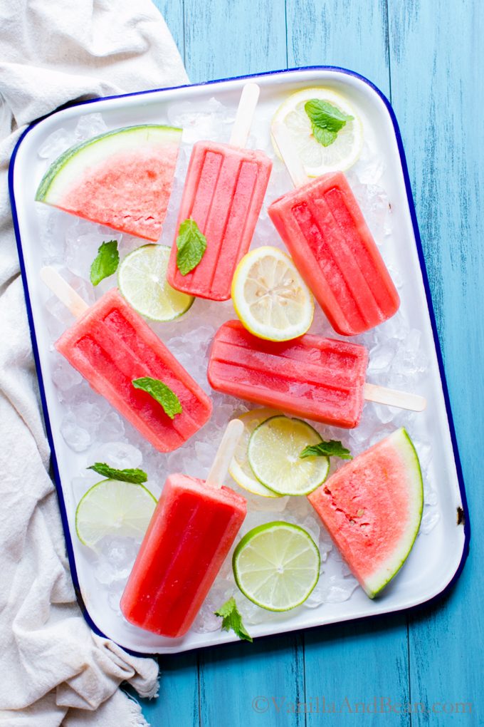 Homemade Watermelon Popsicles in a pan with ice! 
