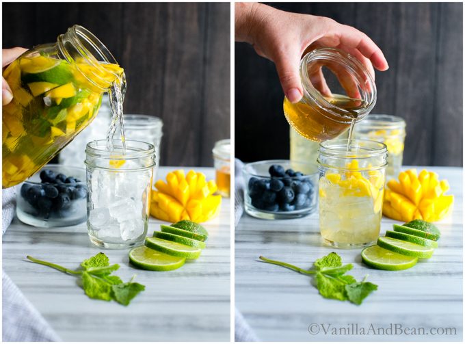 Pouring the sangria into an ice filled Mason Jar and adding simple syrup. 