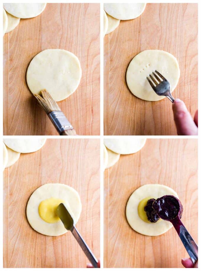 1. A pastry brush brushing egg wash on pastry. 2. Docking pastry dough. 3. Adding lemon curd to a hand pie. 4. Adding blueberry pie filling to a hand pie.