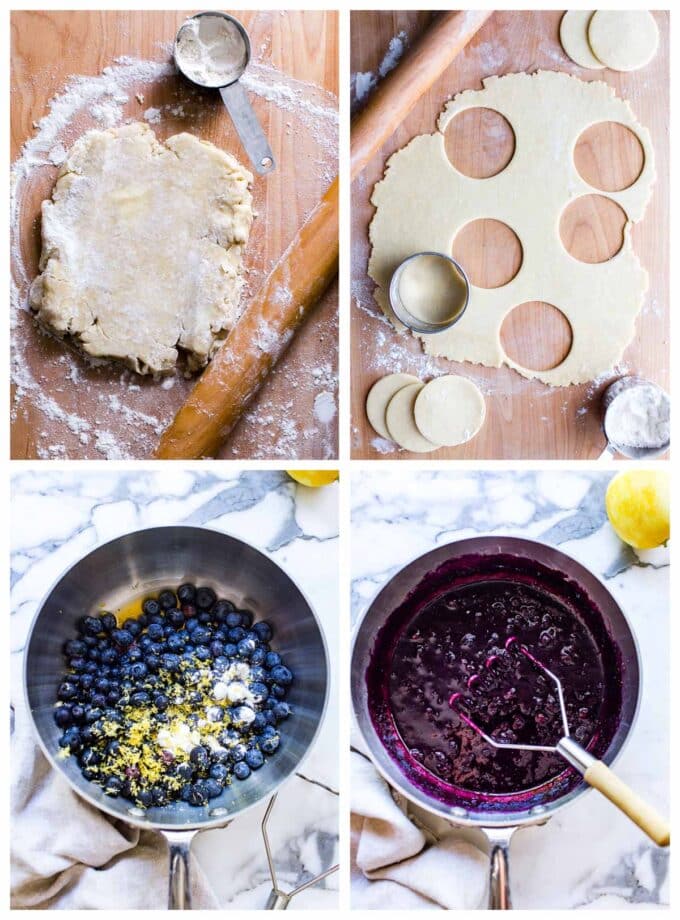 1. pie pastry on a wood board. 2. cutting out pie pastry into circles. 3. blueberry compote ingredients in a pan. 4. blueberry compote with masher in pan. 