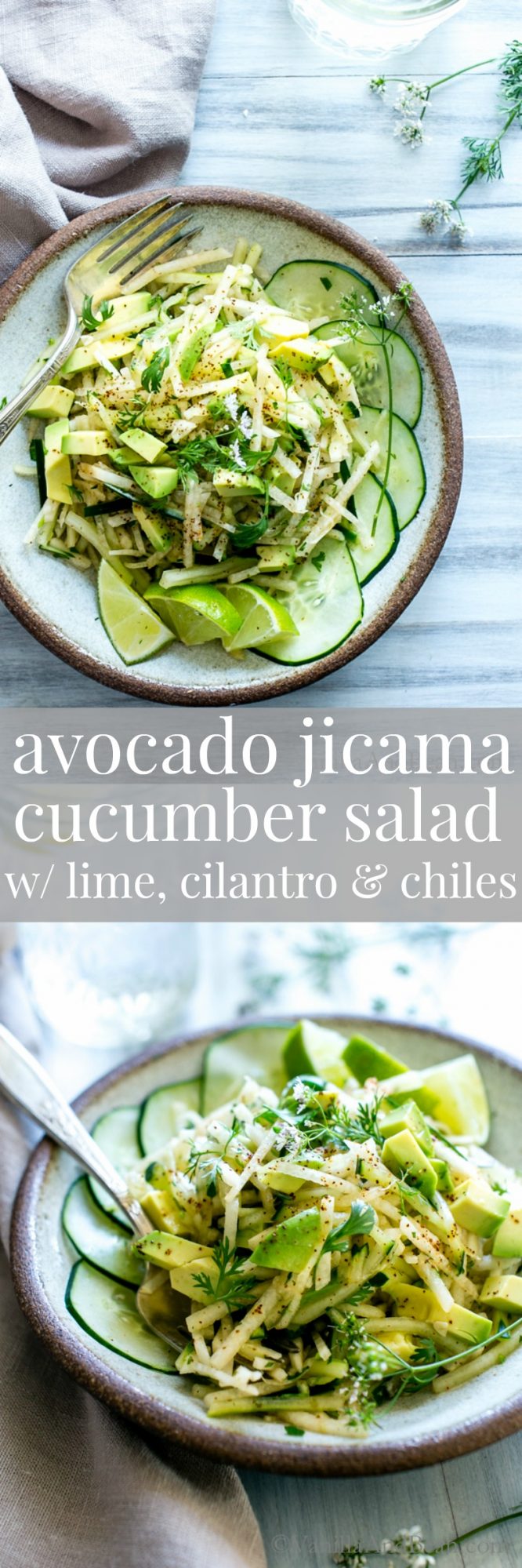 Crunchy and creamy with a hint of spice this hydrating, and nourishing Avocado Jicama Cucumber Salad with lime, cilantro and a pinch chiles will take the edge off Summertime heat. Vegan + GF