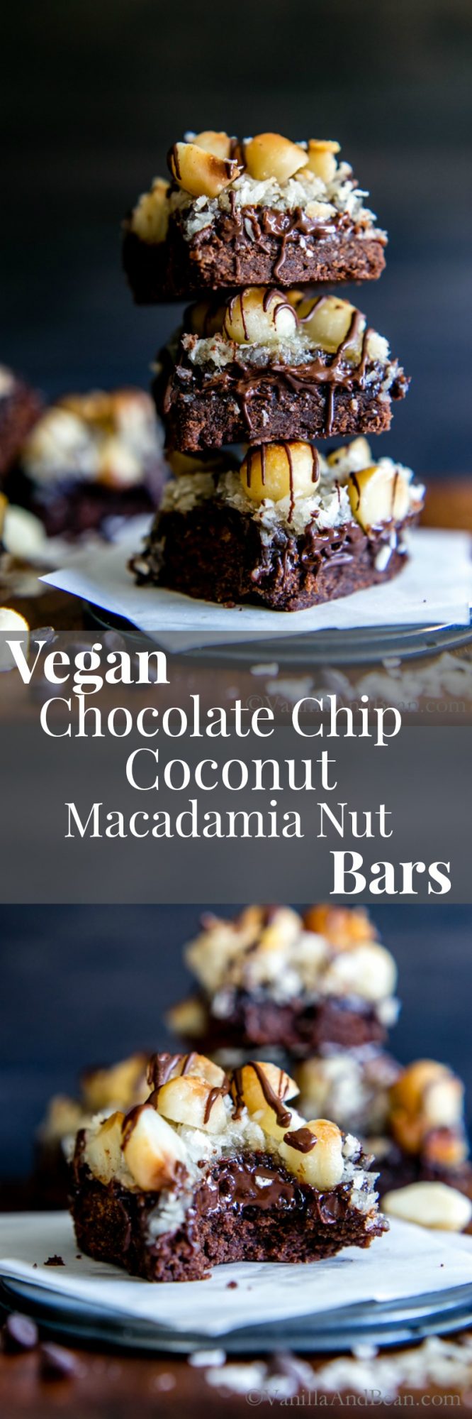 Chocolate cookie base topped with chocolate chips, coconut, macadamia nuts and coated in sweetened condensed coconut milk. Vegan Chocolate Chip Coconut Macadamia Nut Bars are melt in your mouth heaven.