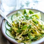 Avocado Jicama Cucumber Salad in a bowl ready for sharing.