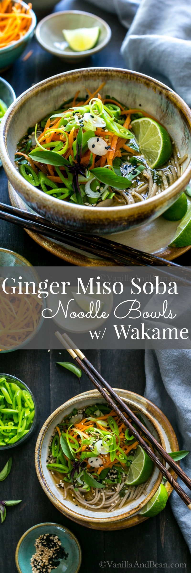Warming and cozy, Ginger Miso Soba Noodle Bowls with Wakame are so comforting and can be adapted by changing the veggies with the seasons. Vegan + GF