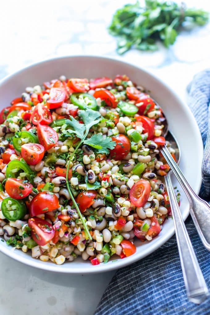 Black eyed pea salad in a bowl ready for sharing.