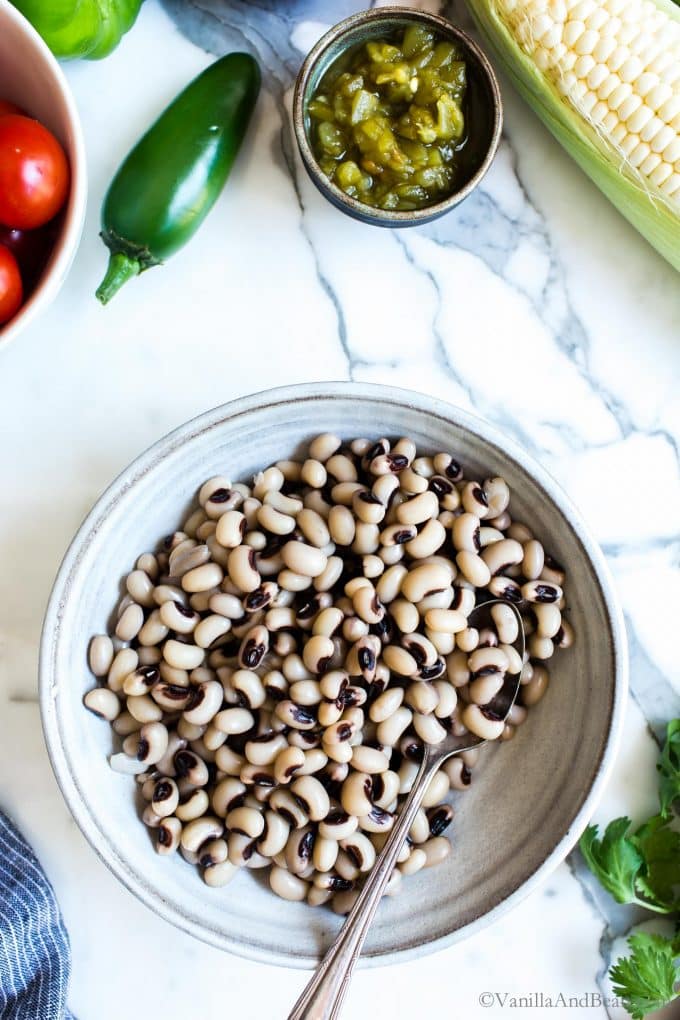 Cooked black eyed peas in a bowl ready for making a fresh black eyed pea salad