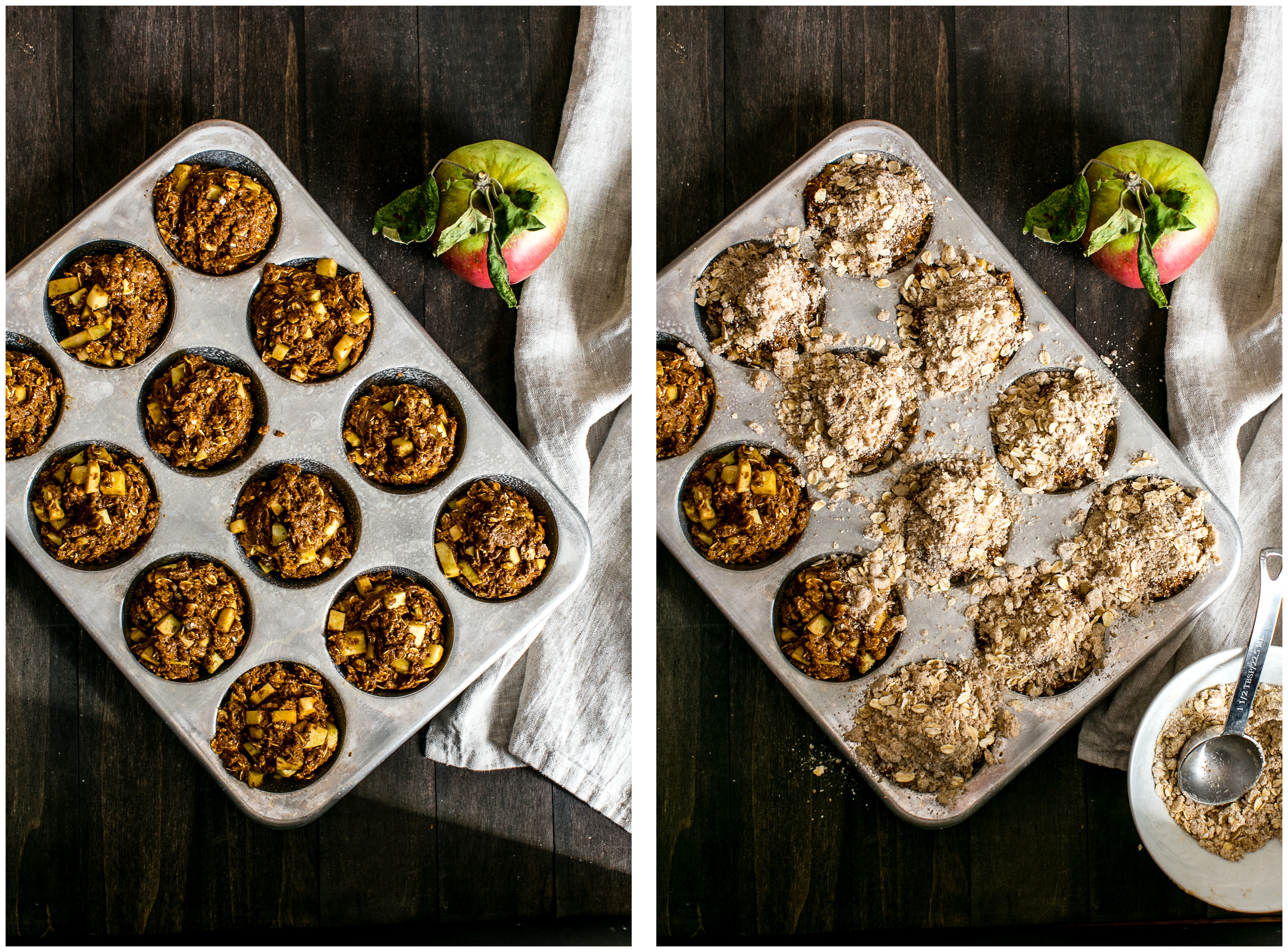 Scooping Apple Gingerbread-Oat Walnut Muffins into a muffin pan and adding streusel on top. 