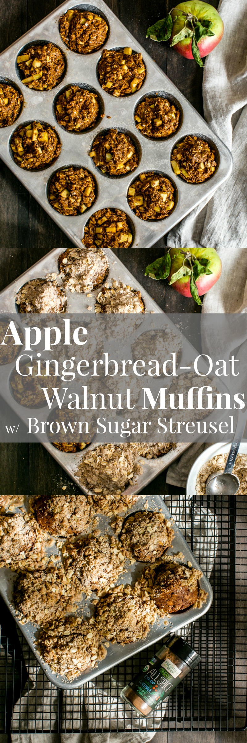 Warming and cozy Vegan Apple Gingerbread-Oat Walnut Muffins with Brown Sugar Streusel are easy to make and freezer friendly! Welcome fall! #ad