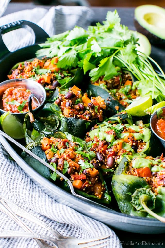 Vegetarian Stuffed Poblano Peppers in a serving platter ready for sharing. 