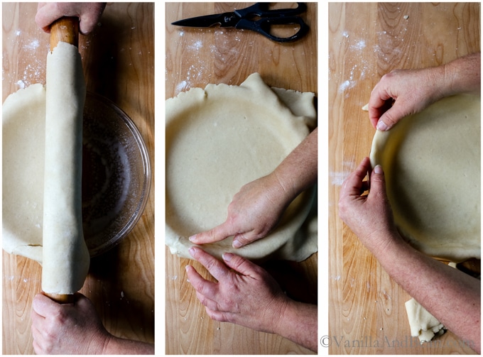 Rolling the vegan crust into a pie plate, and crimping the edges. 