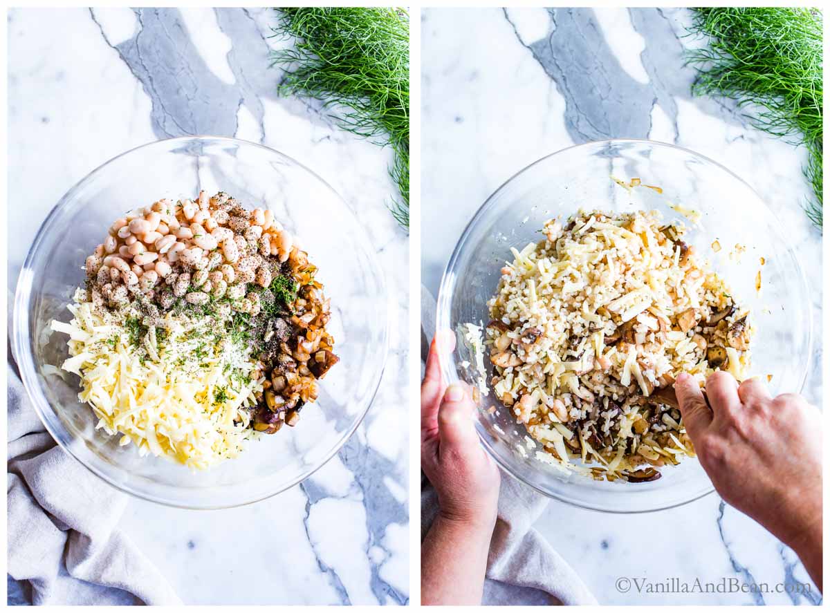 Two images for this fennel recipe: 1. beans, cheese, mushrooms and spices in a mixing bowl. 2. mixing the filling for a roasted fennel gratin recipe in a mixing bowl. 