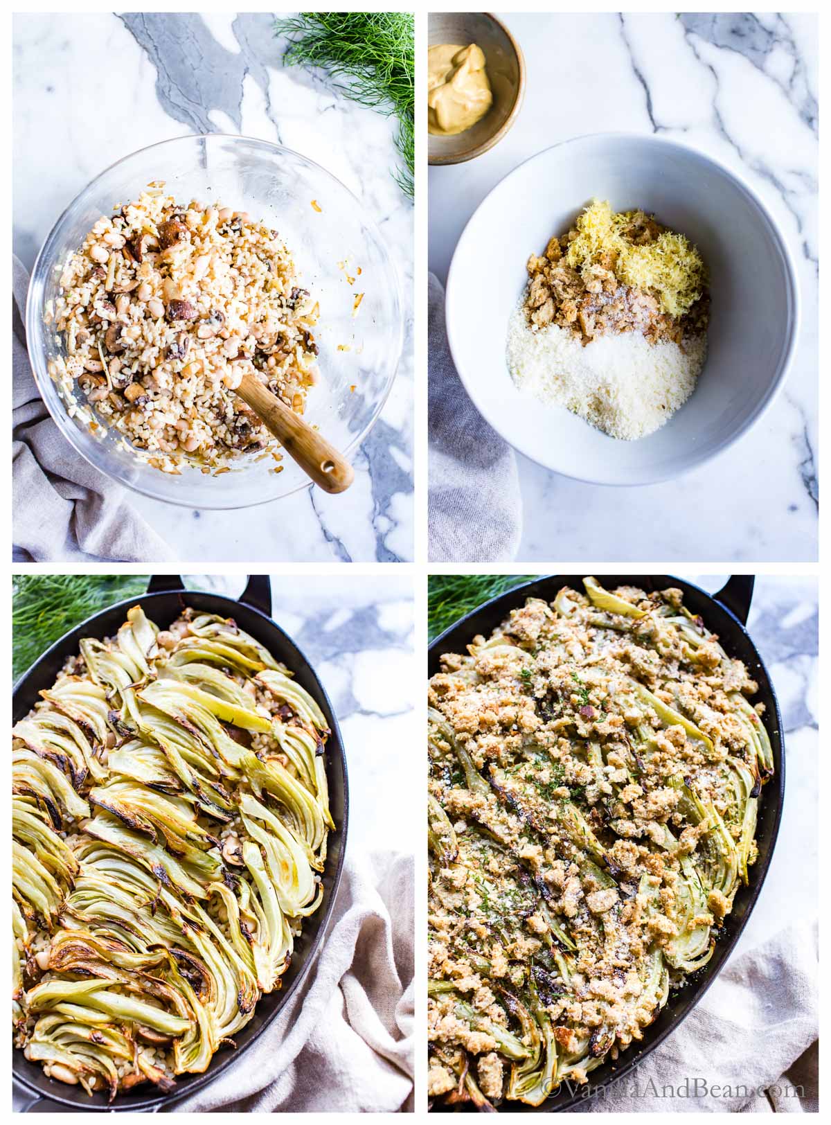 Four images for Fennel Mushroom Gratin vegetarian: 1. mixing gratin ingredients in a bowl. 2. bread crumb Parmesan topping in a bowl. 3. Roasted fennel mushroom and white bean mixture in a gratin dish with roasted fennel on top. 4. roasted fennel gratin assembled and ready to bake.