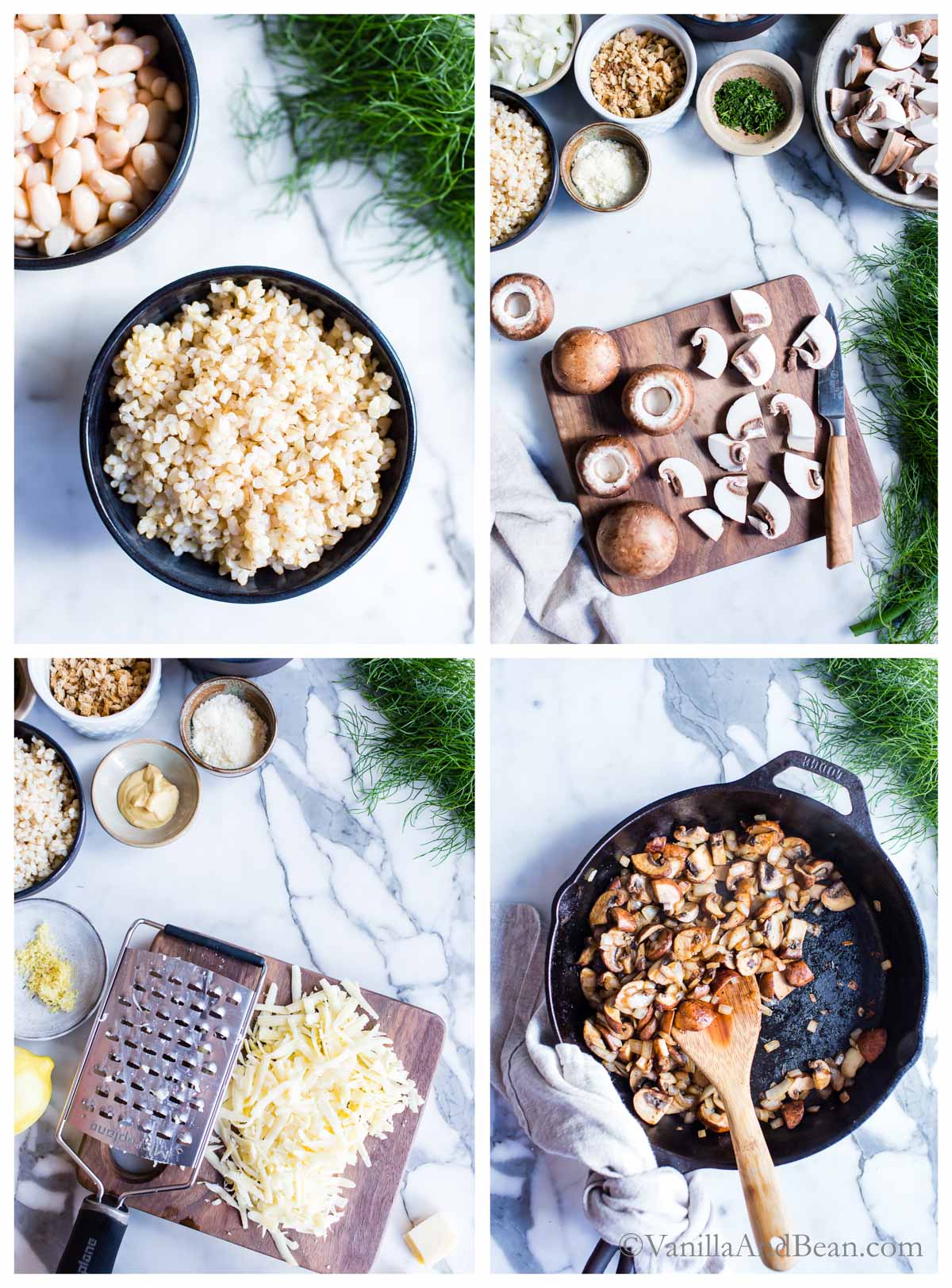 Four images for roasted fennel gratin: 1. cooked brown rice in a bowl. 2. sliced mushrooms on a cutting board. 3. shredded gruyere on a cutting board. 4. sauteed mushrooms in a skillet. 