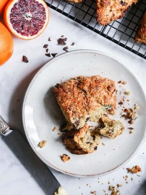Blood Orange and Chocolate Chip Scones on a plate.