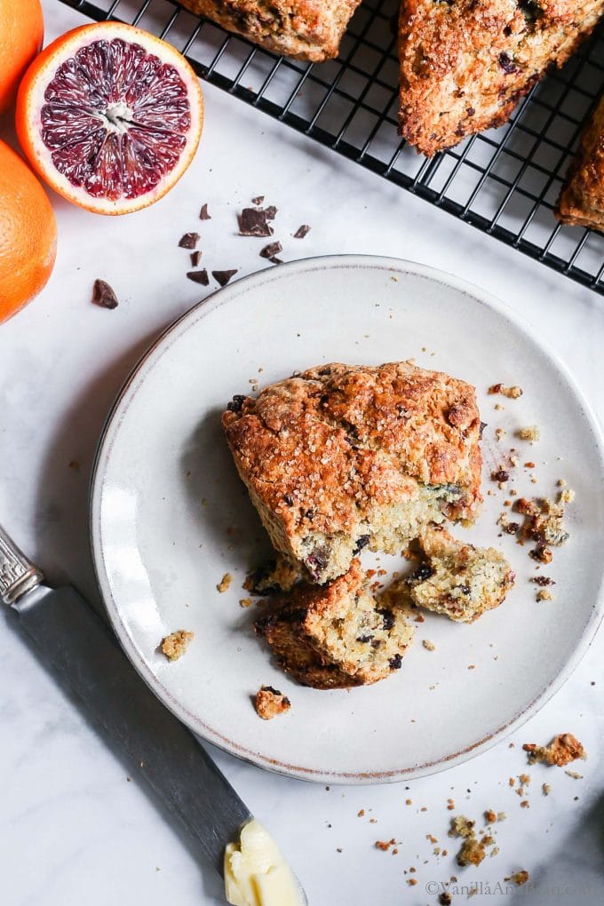 Blood Orange and Chocolate Chip Scones on a plate. 