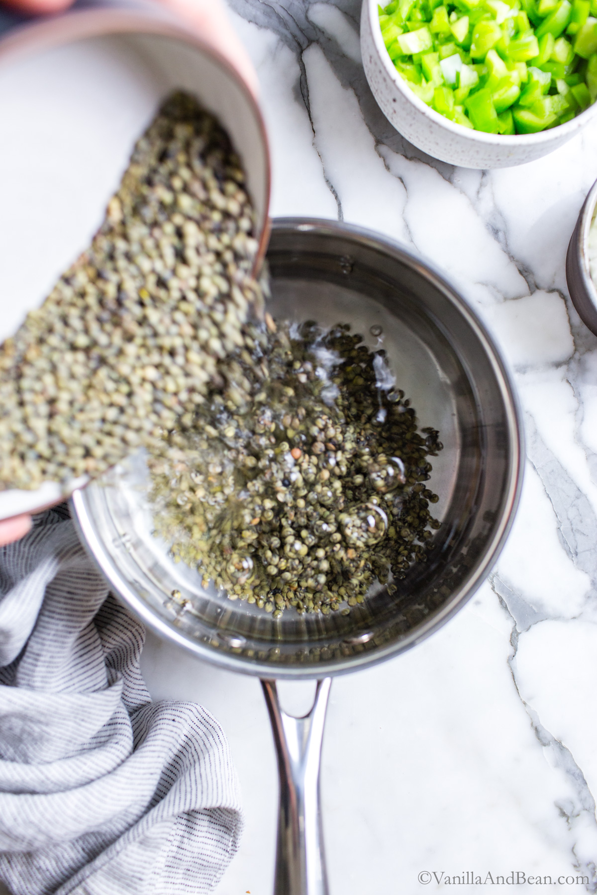 Lentils poured into water in a sauce pan.