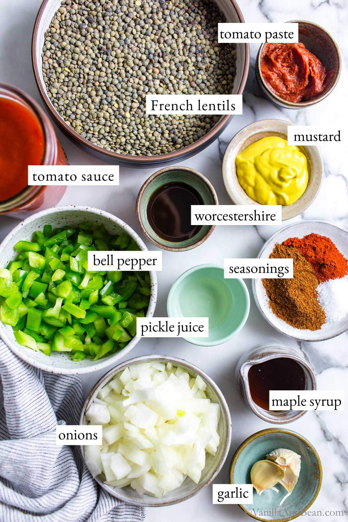 Vegan sloppy joe ingredients on a marble table.