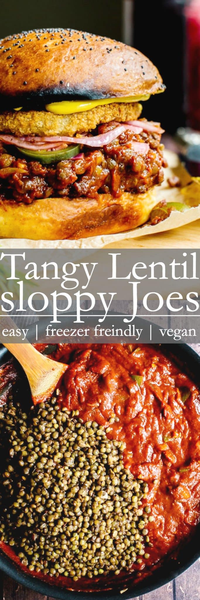 Pinterest pin for tangy lentil sloppy joes. 