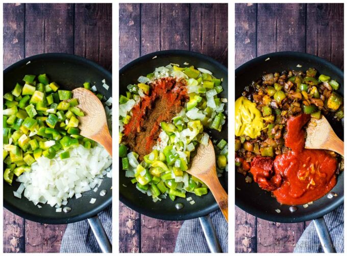Three images of how to make veggie sloppy joes. 1. Saute onions and peppers. 2 add in the spices. 3. Stir in the sauce.